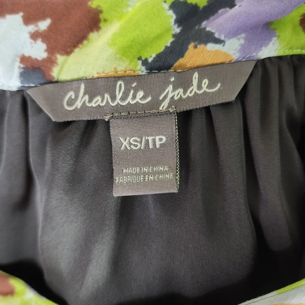Vtg CHARLIE JADE Size XS‎ 100% Silk Floral Art to Wear One Shoulder Sundress EUC